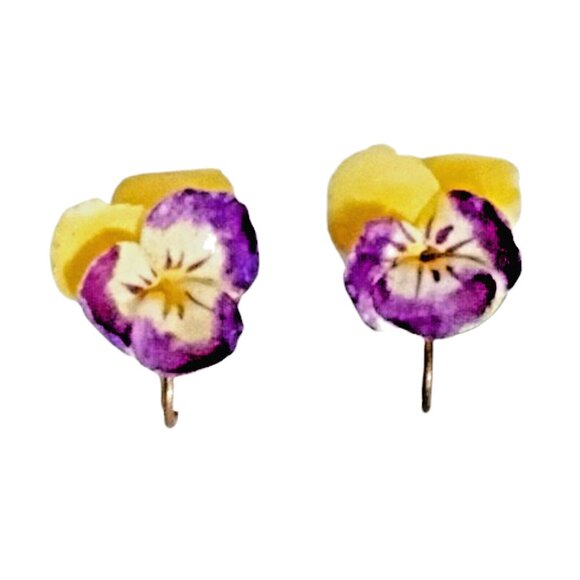 Vintage Made In England Marked Purple Pansy Earrings Screw Back Drop Bone China - Picture 4 of 9
